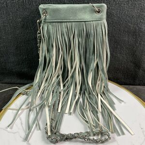 Chic Bay Duck Egg Blue Faux Fringe Purse 44 inch Fixed Strap Snap Closure Lined
